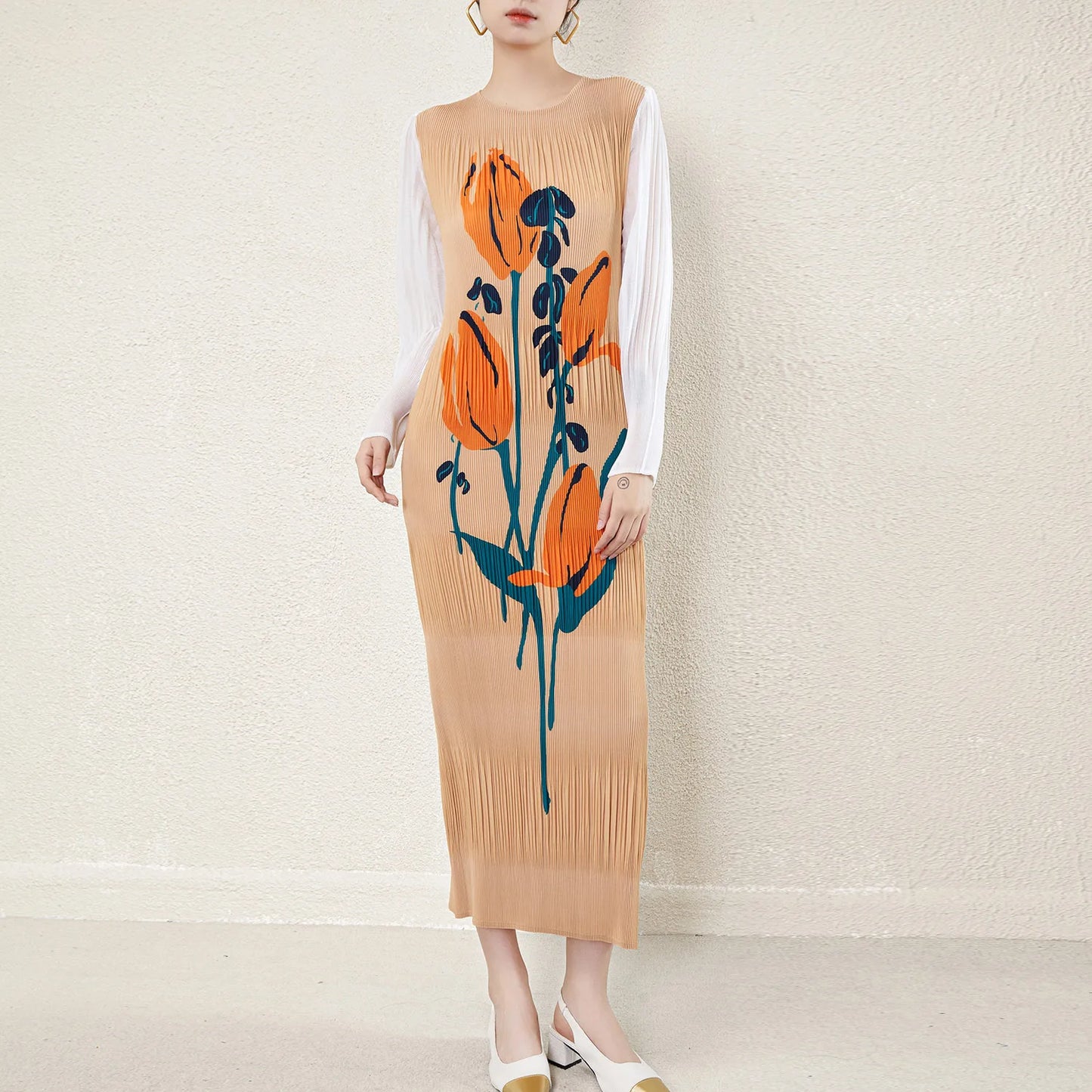 Pleated Stretch plus Size Women'S Long Sleeve Long Dress Fashionable Pleated Miyake Print Women'S Casual Dress