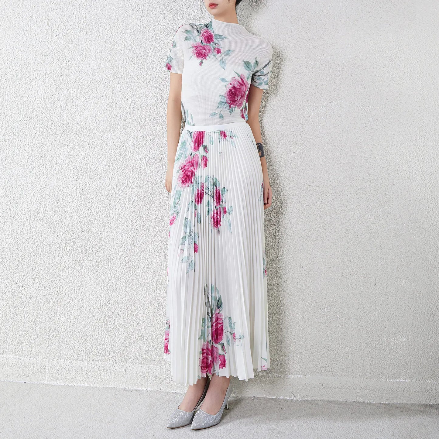 Miyake Women'S Fashion Flower Set Short Sleeve Elastic Waist Flower Print Pleated Skirt Two-Piece Set