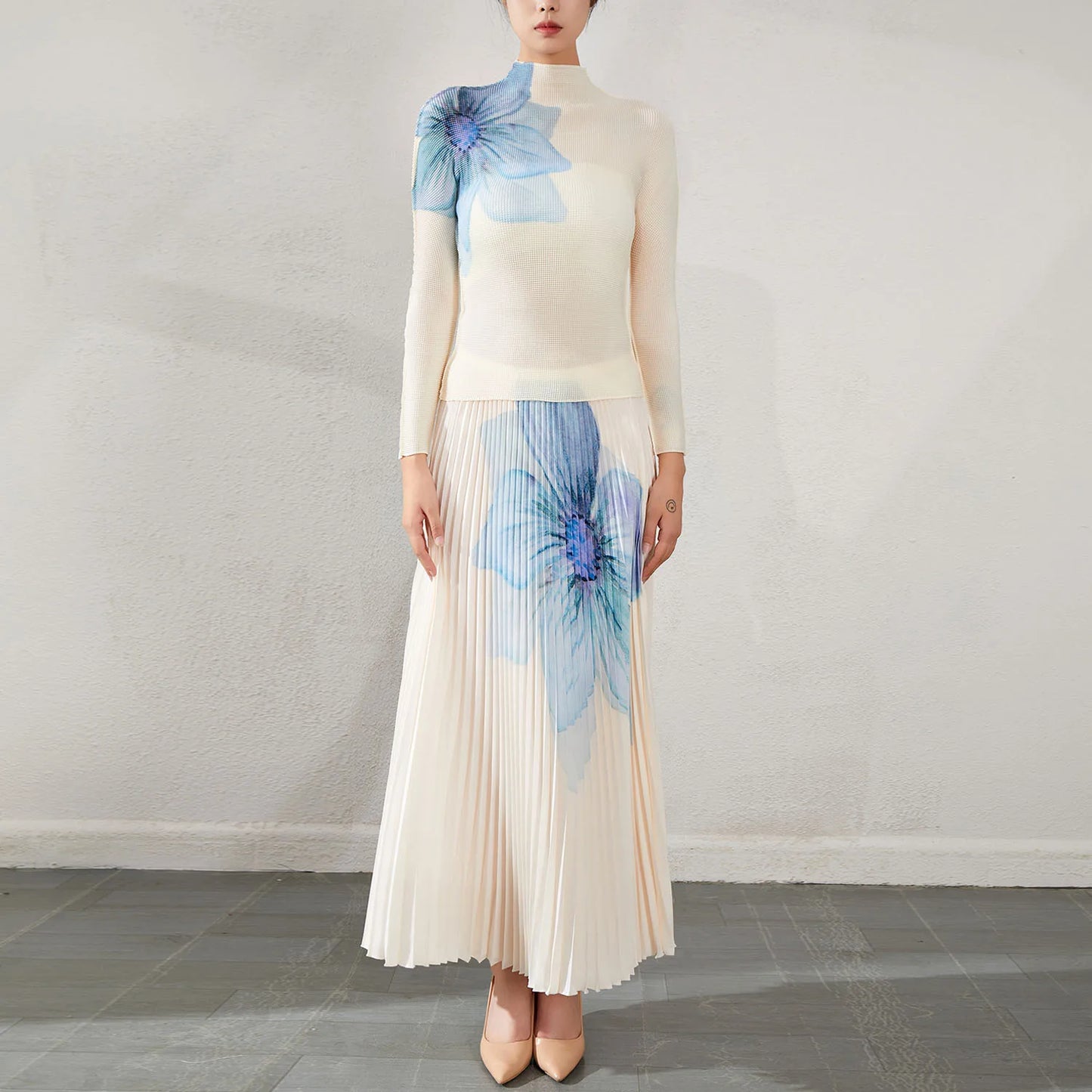 Middle Eastern Women'S Printed Pleated Co-Ord Set Long-Sleeve Top and Long Pleated Skirt Two-Piece Outfit Woven
