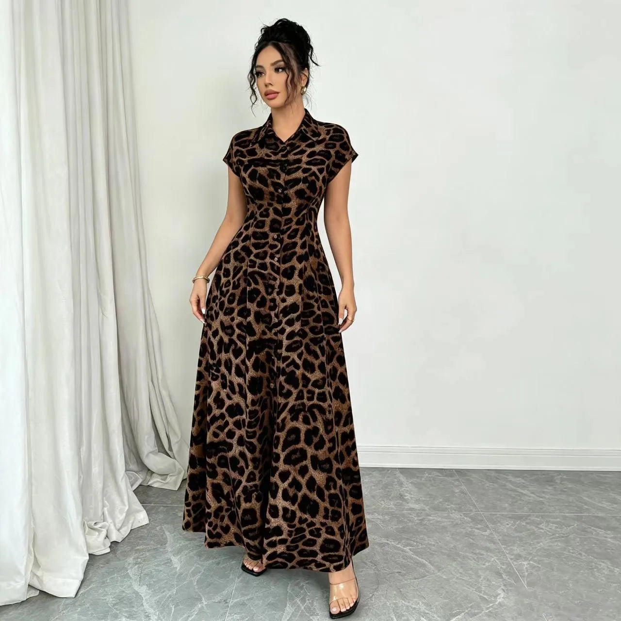 Elegant Leopard Print Lapel Short-Sleeve Waist-Cinched Button Dress