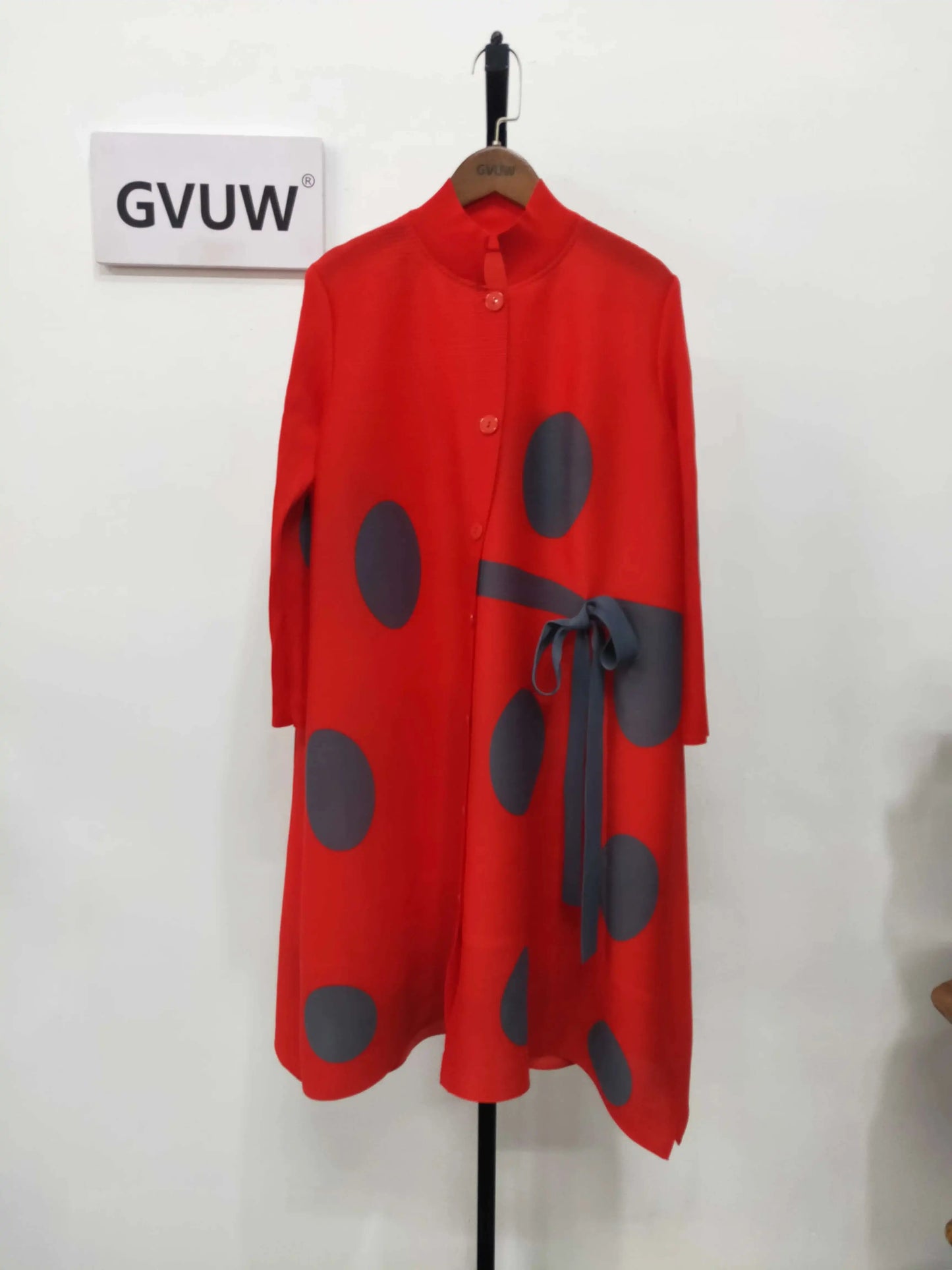 Stand Collar Pleated Dress 2025 Autumn Single Breasted Drawstring Dot Printing Festival Clothing Women Elegant 25D1062