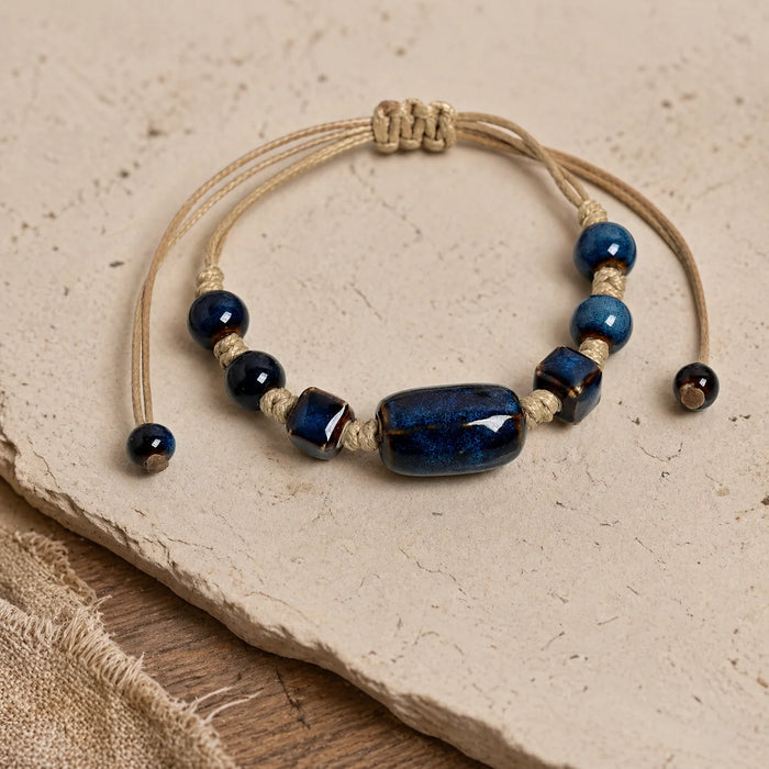 Ceramic Bracelet Vintage Blue Barrel Bead Wax Cord Adjustable