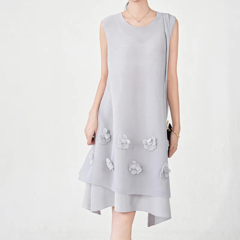 Miyake Pleated Sleeveless Dress Women Fashion 3D Flower Spliced Lace-Up Design Solid Color Dresses Casual 2025 New Clothing