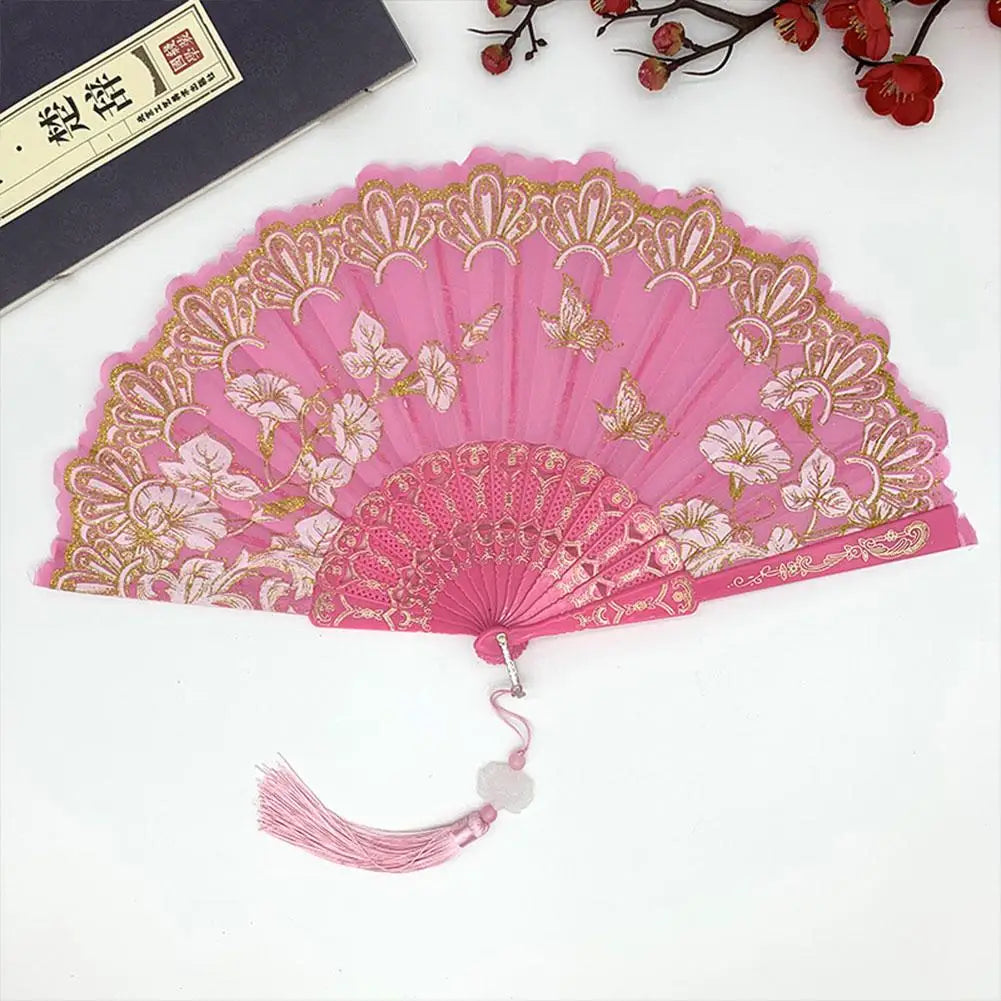 Chinese Luxury Gliding Folding Fan Wedding Bridal Fan Dance Performance Props Retro Floral Glitter Butterfly Fans Crafts