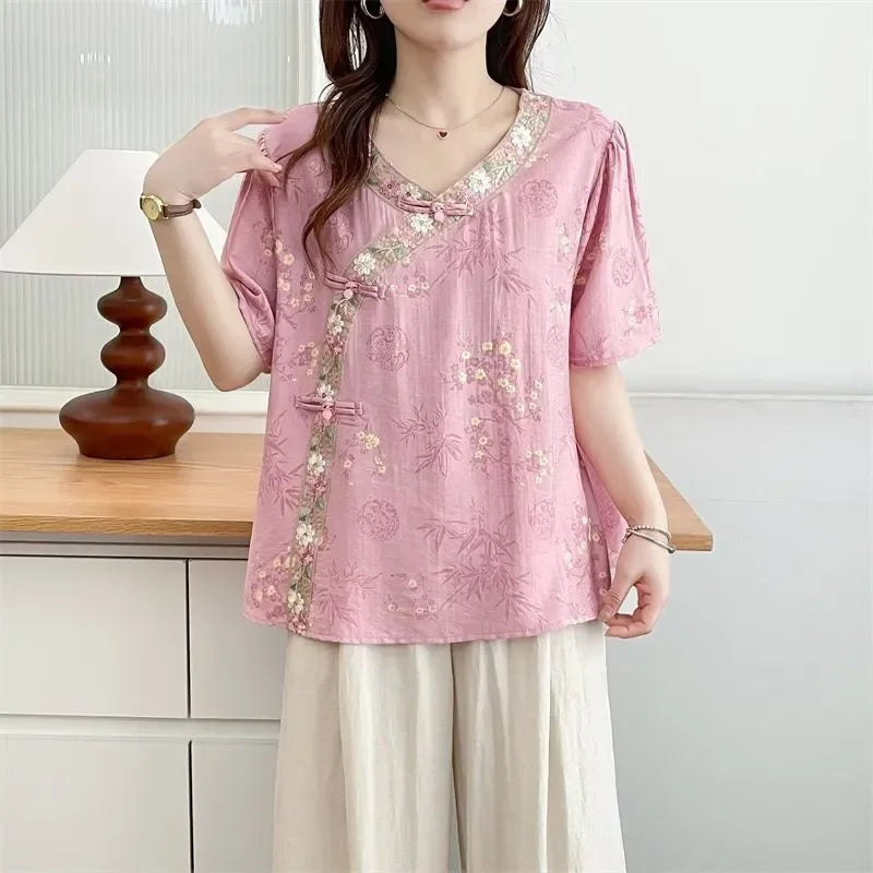 Women'S Vintage Bamboo Print Cheongsam Collar Linen Blouse Casual 3/4 Sleeve Tunic Top