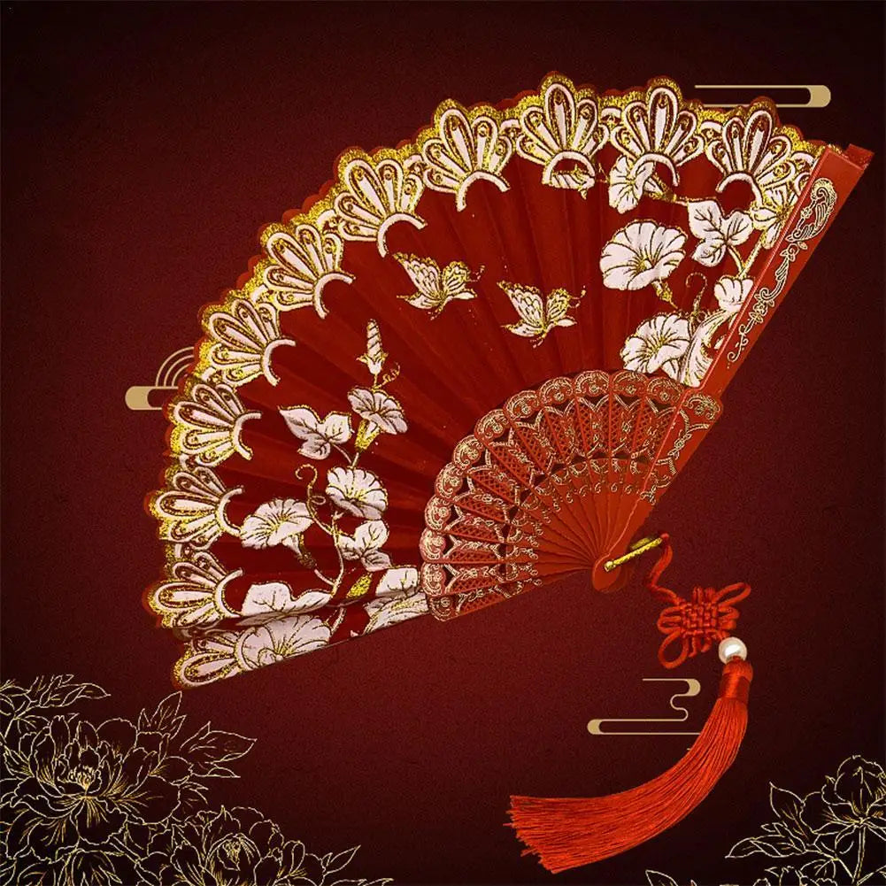 Chinese Luxury Gliding Folding Fan Wedding Bridal Fan Dance Performance Props Retro Floral Glitter Butterfly Fans Crafts