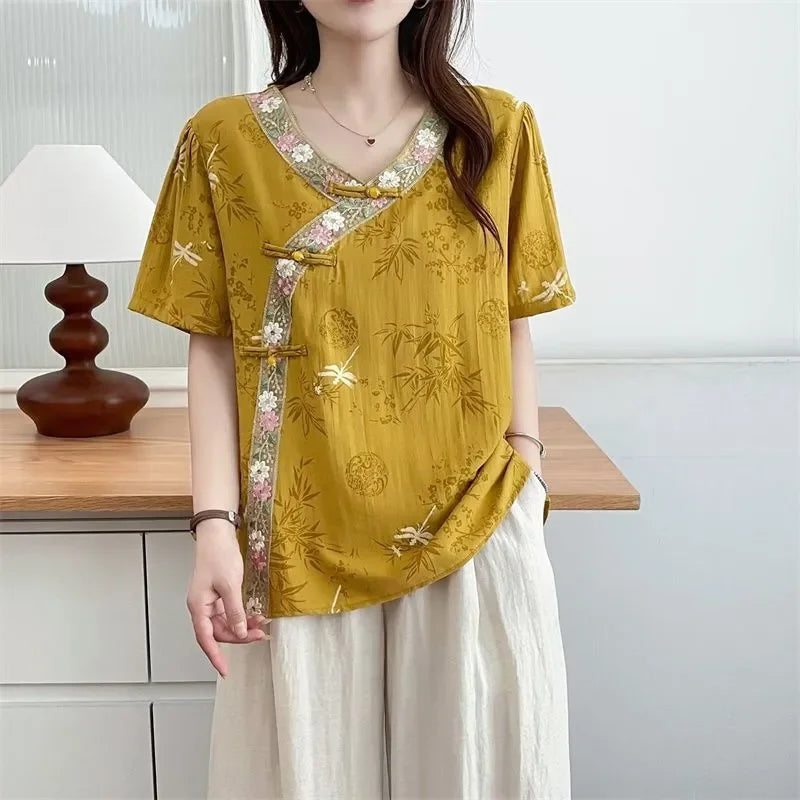 Women'S Vintage Bamboo Print Cheongsam Collar Linen Blouse Casual 3/4 Sleeve Tunic Top
