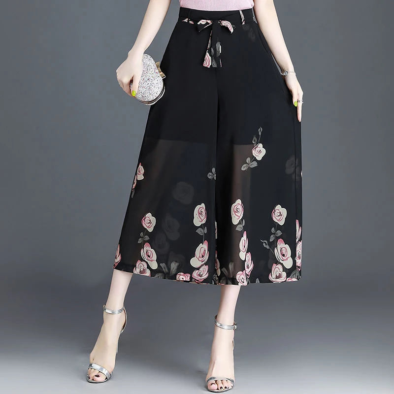 Floral Print Patchwork Chiffon Wide