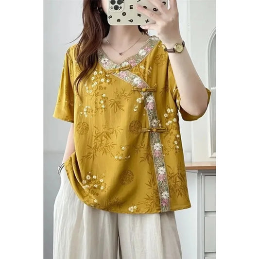 Women'S Vintage Bamboo Print Cheongsam Collar Linen Blouse Casual 3/4 Sleeve Tunic Top