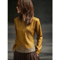 Vintage Shirts Loose Fit Clothing Long Sleeve V-Neck