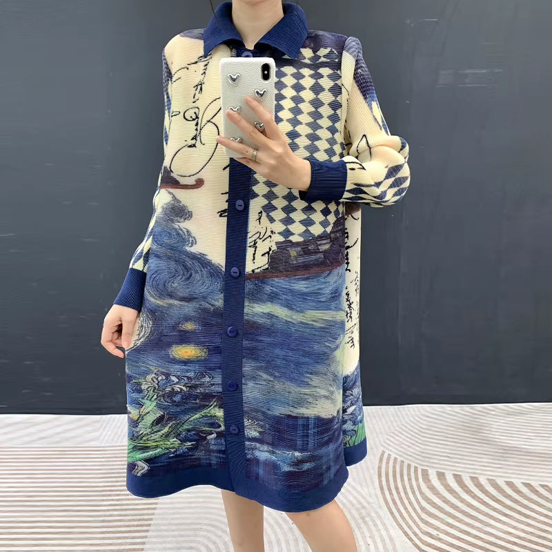 Wholesale Trendy Print Button down Shirt Style Knee Length High Density Fabric Women Plisse Gown Dress