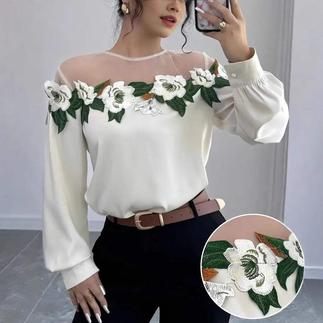 Blouse Women 2026 Casual Summer New Spring New Featuring Mesh Fabric Patchwork Embroidery Shirt Women'S Clothing