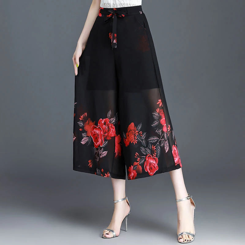 Floral Print Patchwork Chiffon Wide