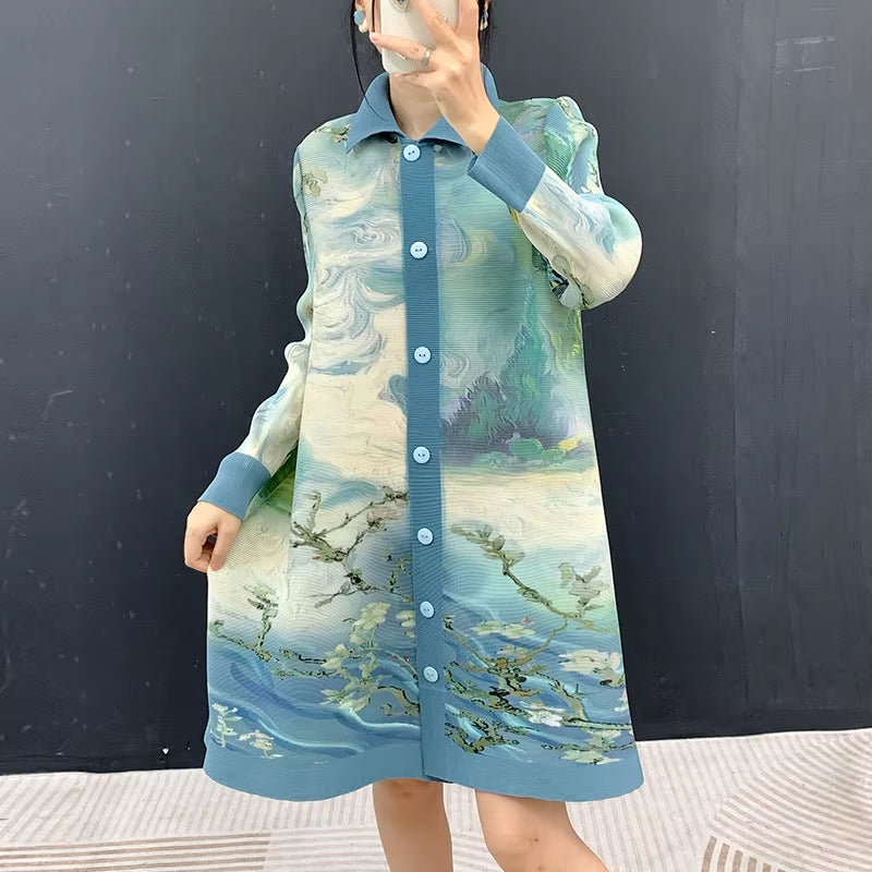 Wholesale Trendy Print Button down Shirt Style Knee Length High Density Fabric Women Plisse Gown Dress