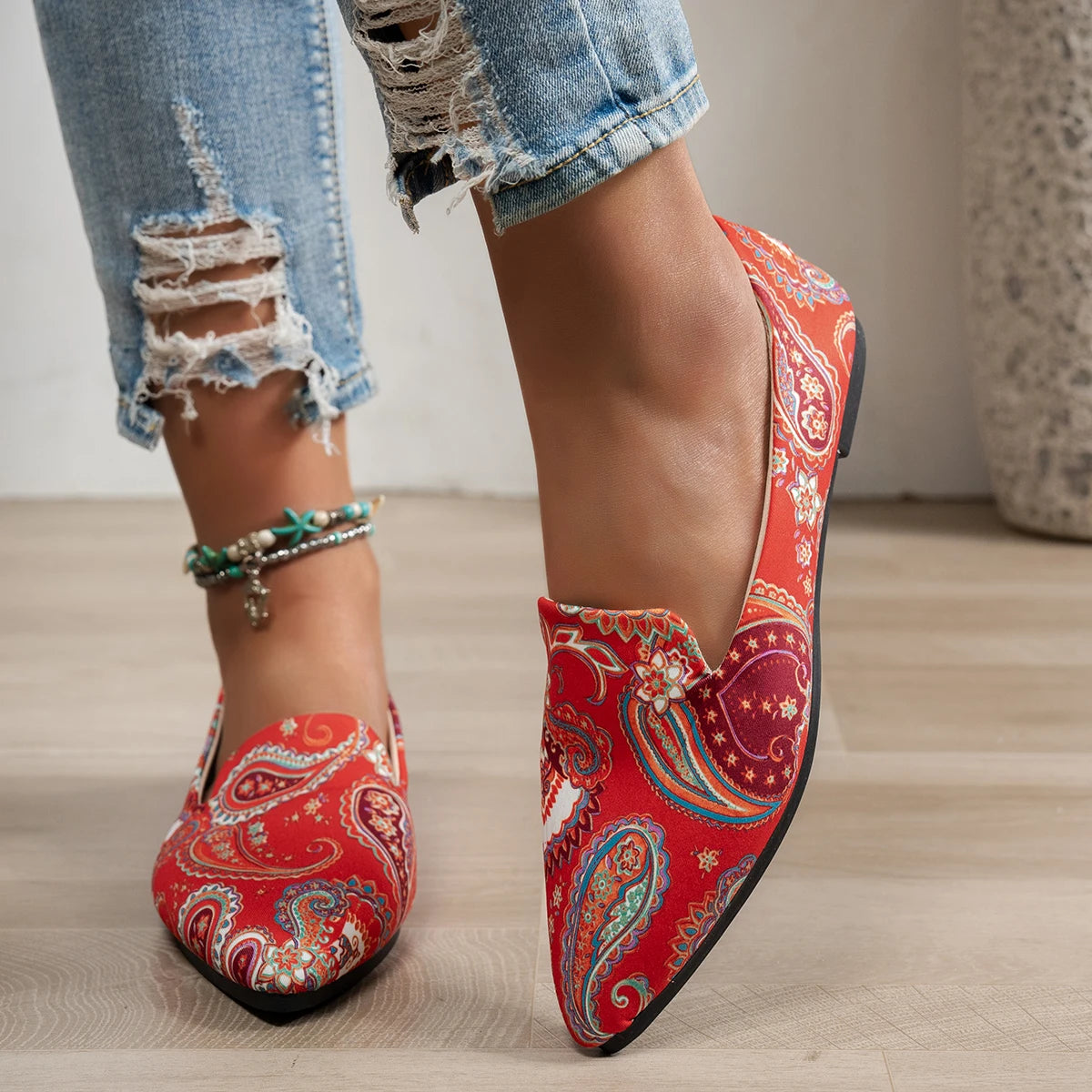 Boho Red Paisley Pointed Toe Flats