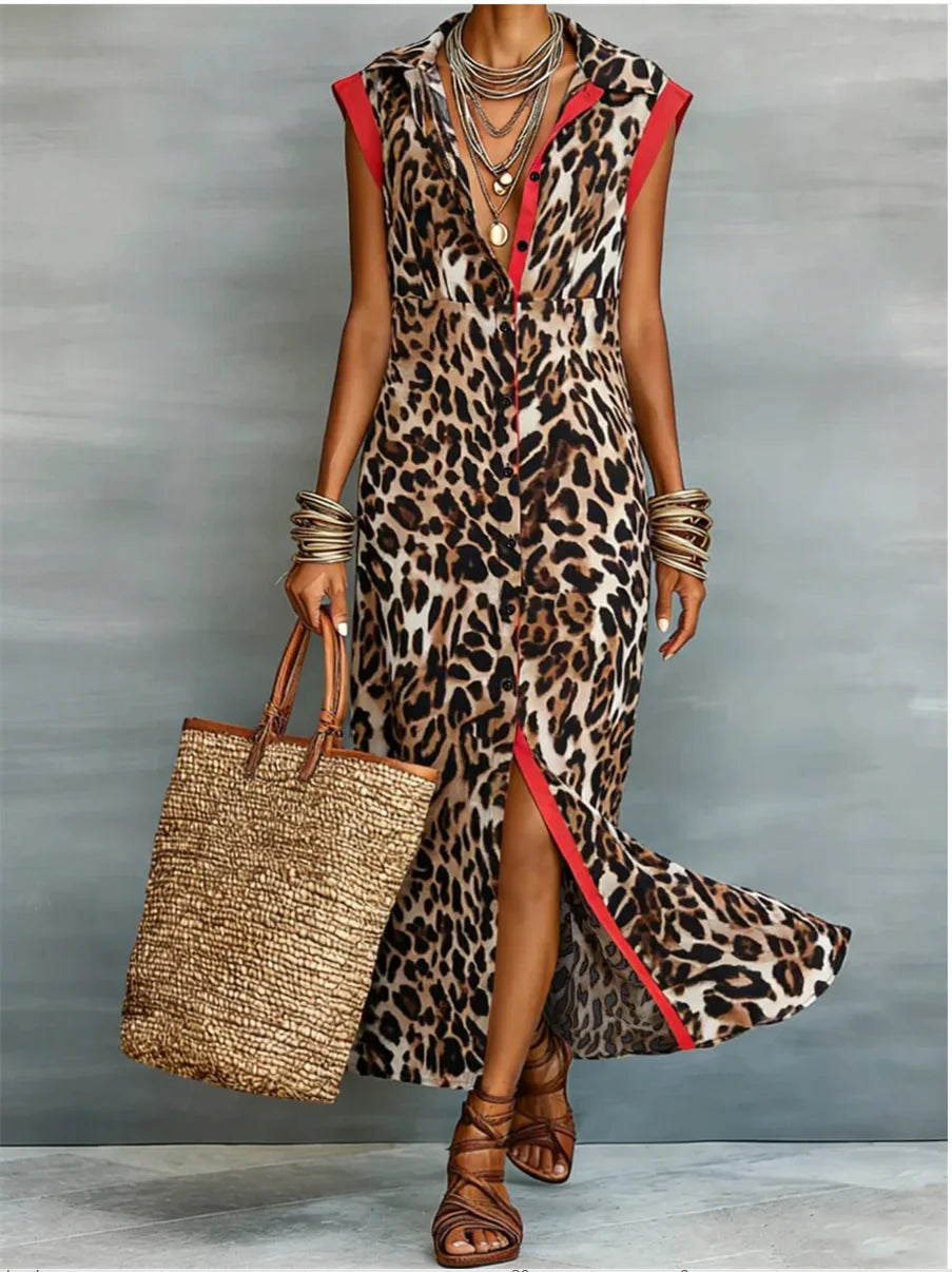 Summer Women Leopard Graphic Print Dress Fashion Elegant Casual Lapel Button Sleeveless Tank Long Dresses Ladies Slim Maxi Dress