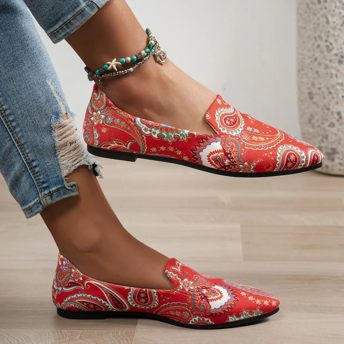 Boho Red Paisley Pointed Toe Flats