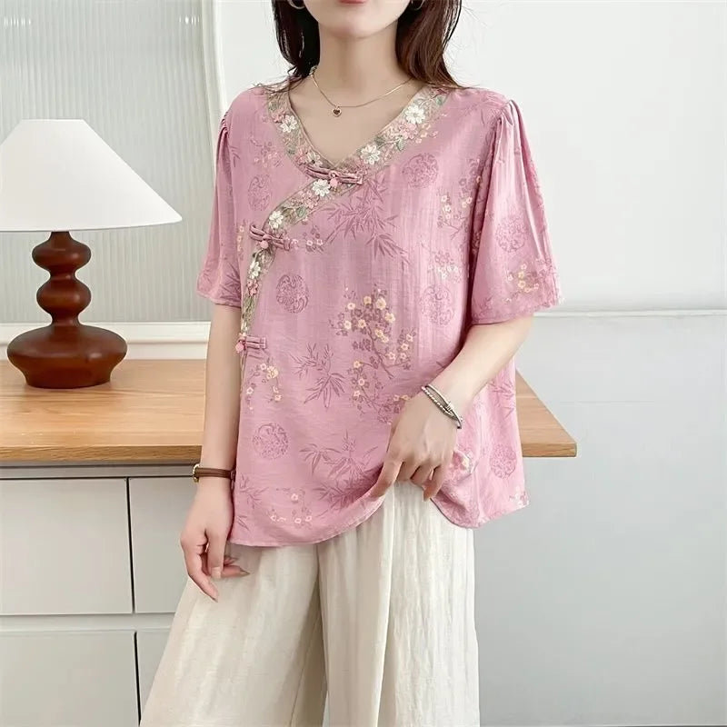 Women'S Vintage Bamboo Print Cheongsam Collar Linen Blouse Casual 3/4 Sleeve Tunic Top