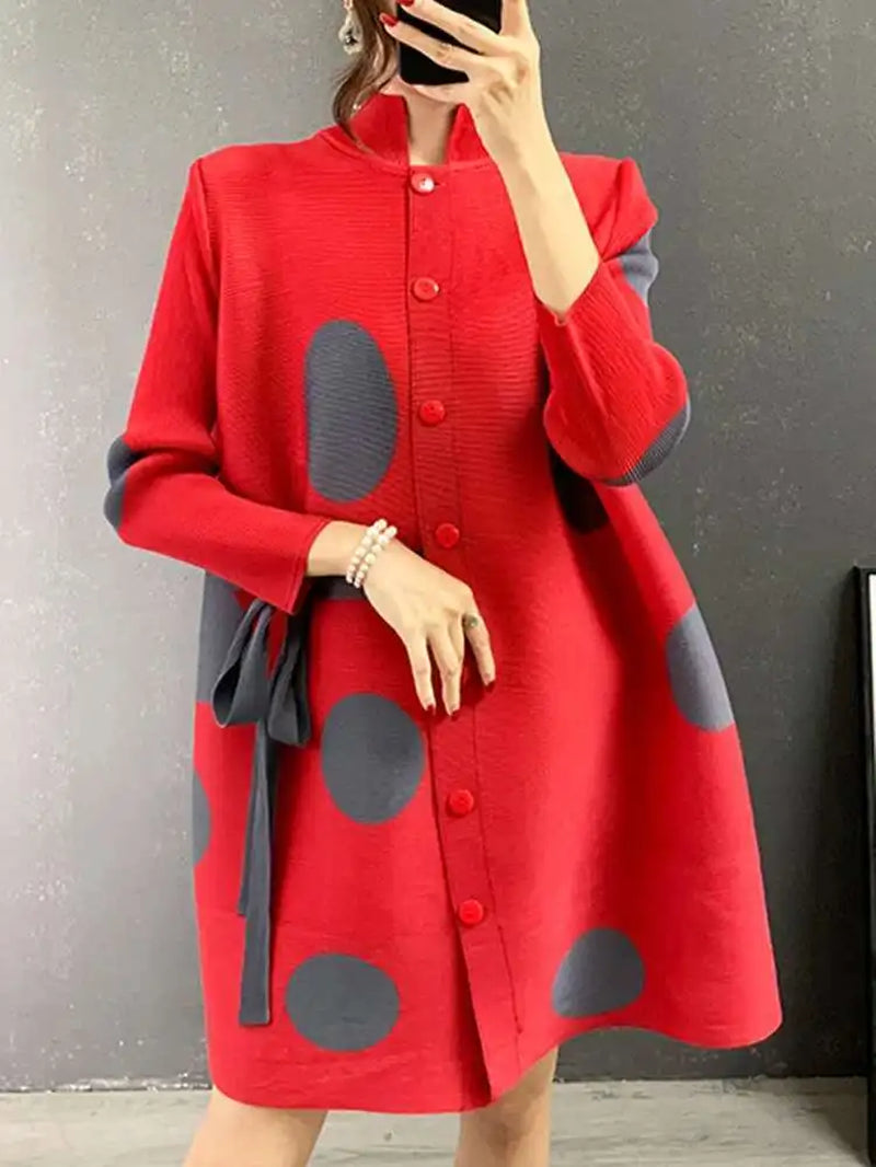 Stand Collar Pleated Dress 2025 Autumn Single Breasted Drawstring Dot Printing Festival Clothing Women Elegant 25D1062