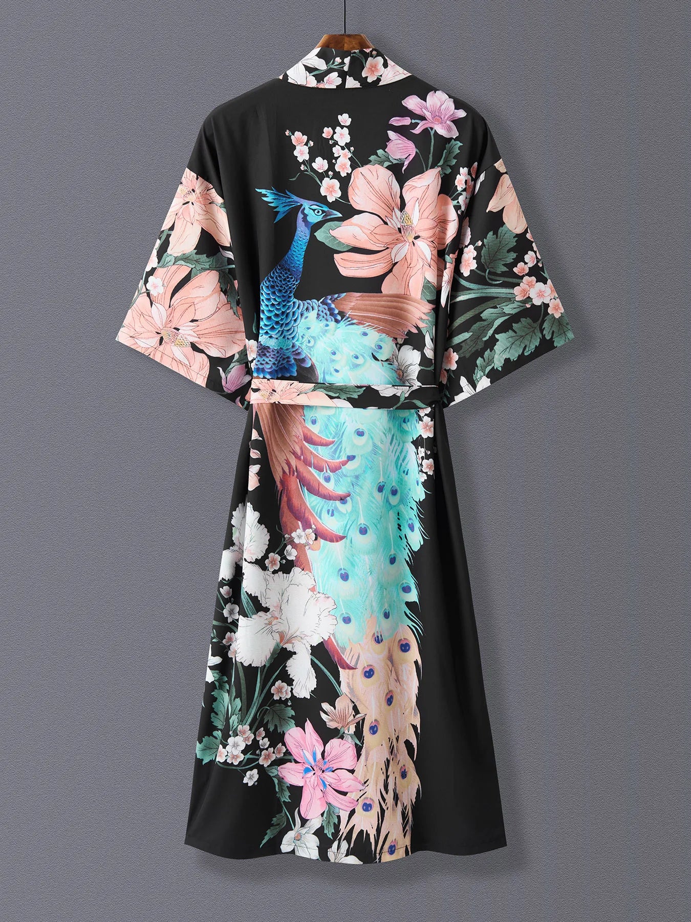 Europe and the United States Elegant Style Retro Peacock Flower Print in the Long Kimono Cardigan Thin Coat Women'S Spring Summe