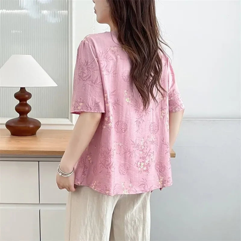 Women'S Vintage Bamboo Print Cheongsam Collar Linen Blouse Casual 3/4 Sleeve Tunic Top