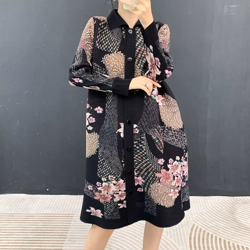 Wholesale Trendy Print Button down Shirt Style Knee Length High Density Fabric Women Plisse Gown Dress