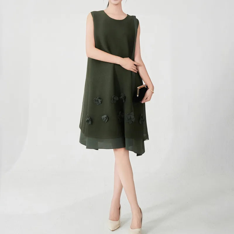 Miyake Pleated Sleeveless Dress Women Fashion 3D Flower Spliced Lace-Up Design Solid Color Dresses Casual 2025 New Clothing