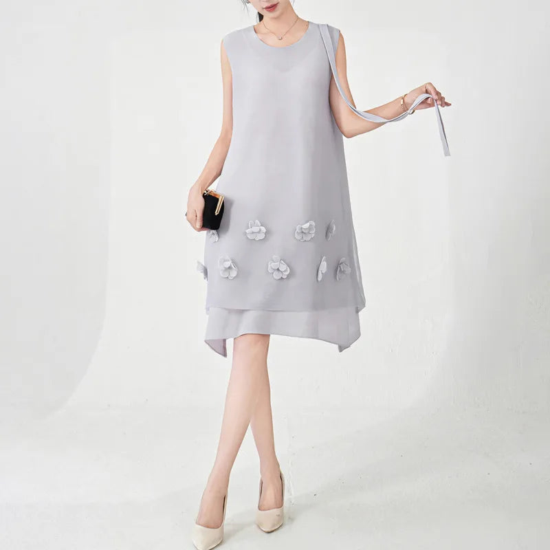 Miyake Pleated Sleeveless Dress Women Fashion 3D Flower Spliced Lace-Up Design Solid Color Dresses Casual 2025 New Clothing