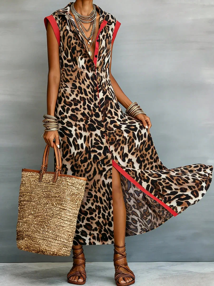 Summer Women Leopard Graphic Print Dress Fashion Elegant Casual Lapel Button Sleeveless Tank Long Dresses Ladies Slim Maxi Dress