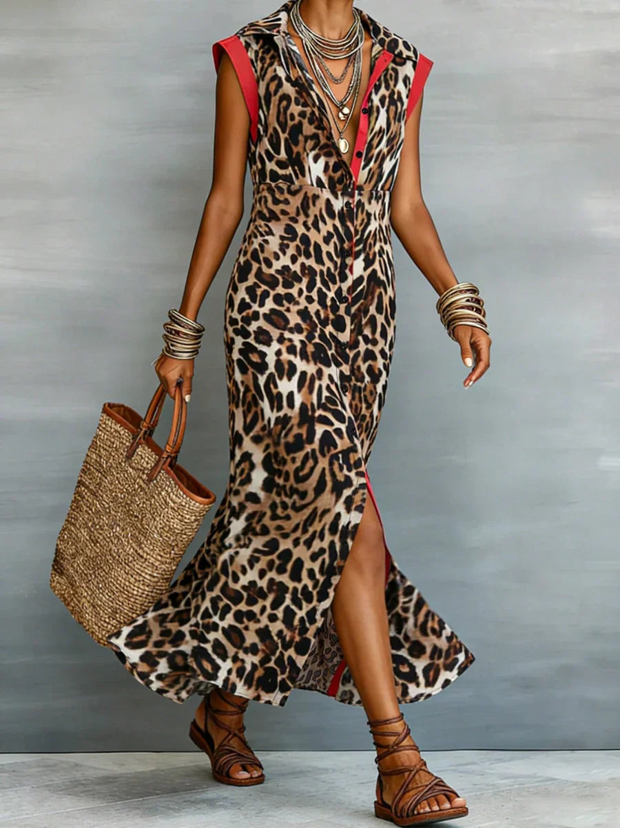 Summer Women Leopard Graphic Print Dress Fashion Elegant Casual Lapel Button Sleeveless Tank Long Dresses Ladies Slim Maxi Dress