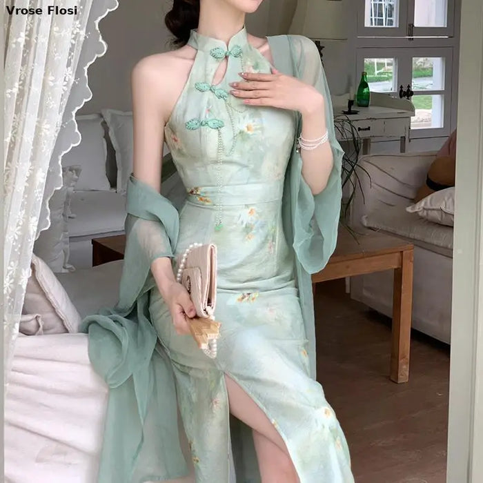 Vintage Qipao Dress Sleeveless High Slit Silk Cheongsam