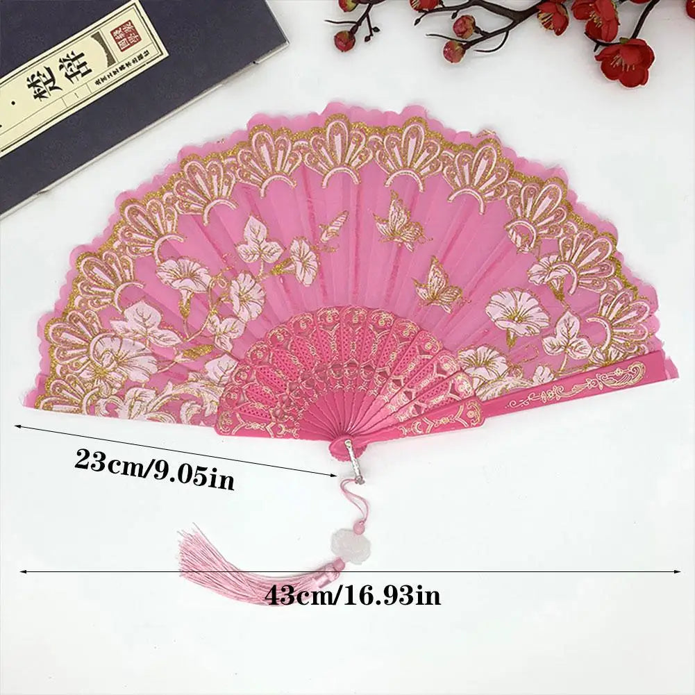 Chinese Luxury Gliding Folding Fan Wedding Bridal Fan Dance Performance Props Retro Floral Glitter Butterfly Fans Crafts