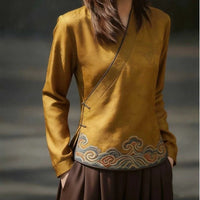 Vintage Shirts Loose Fit Clothing Long Sleeve V-Neck