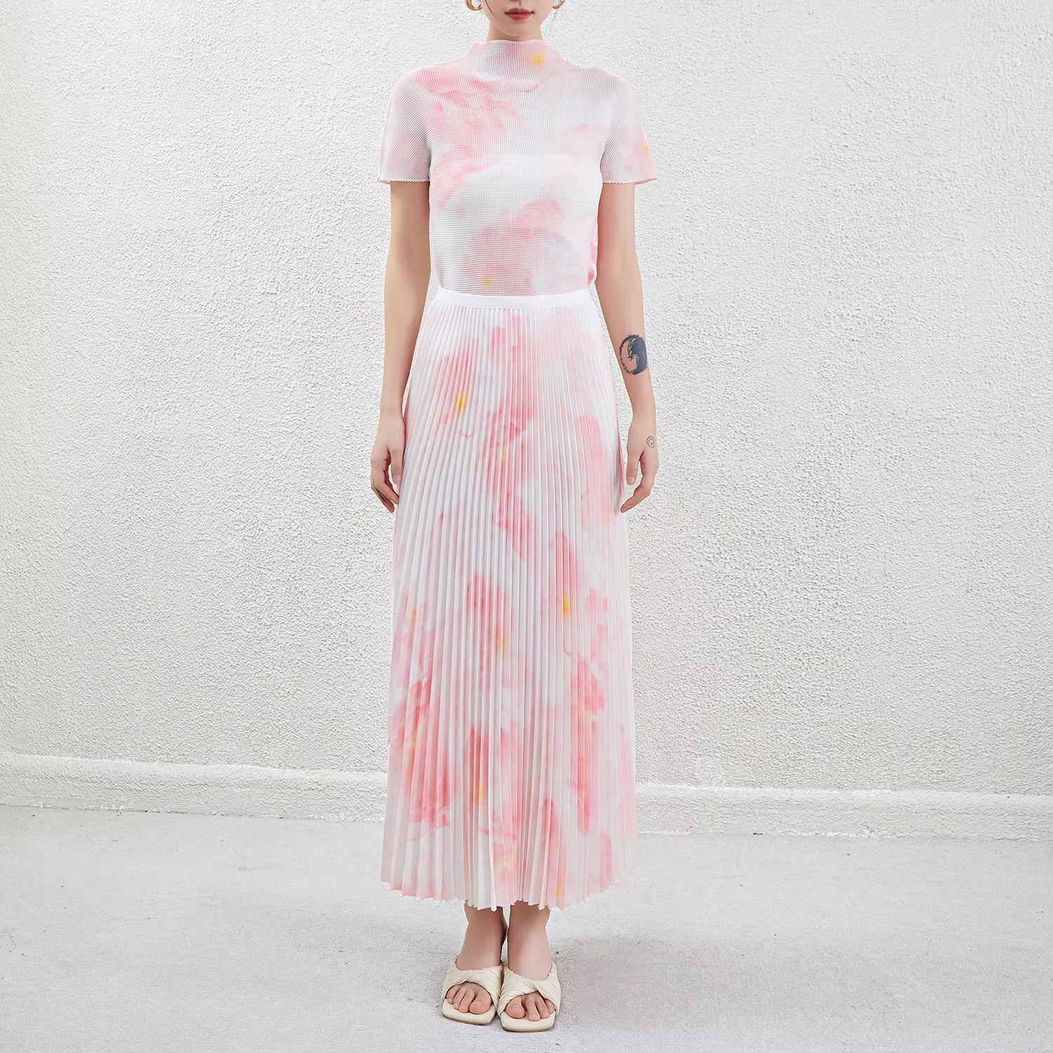 Summer Women'S Fashionable Printed Pleated Set Shirt Stretch Polyester Top Flower Printed Pleated Skirt Two-Piece Set