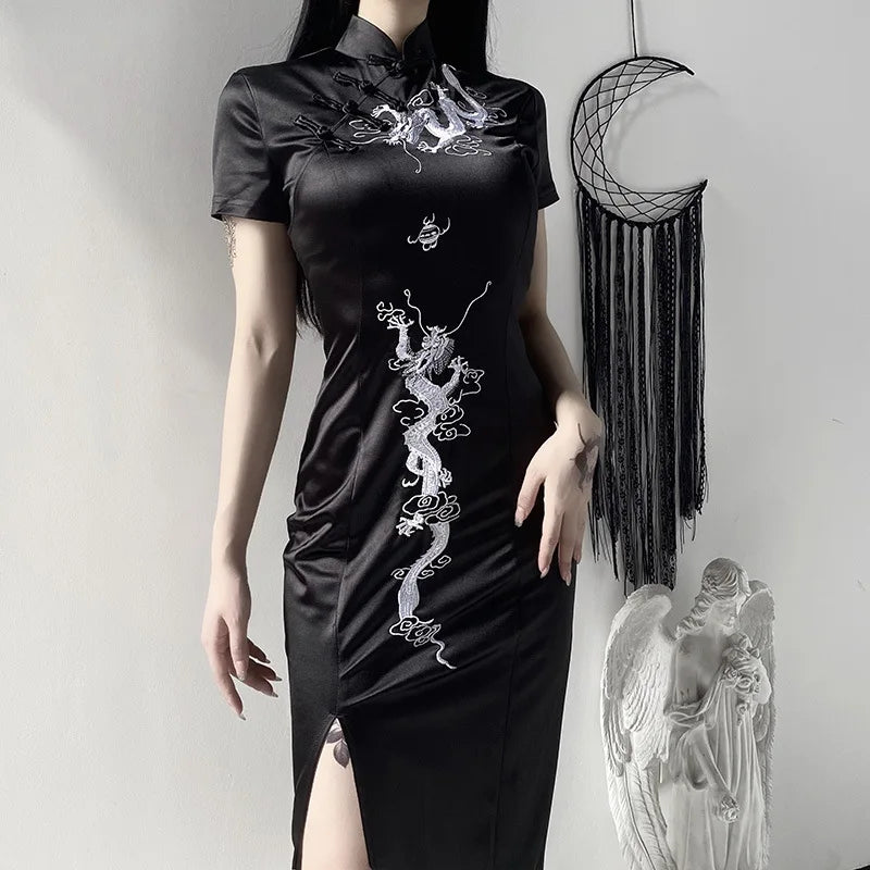 Women Japanese Style Cheongsam Retro Chinese Traditional Dragon Embroidery Long Qipao Split Dress Elegant Ladies Party Clothing