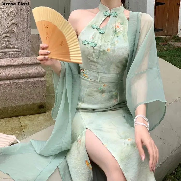 Vintage Qipao Dress Sleeveless High Slit Silk Cheongsam