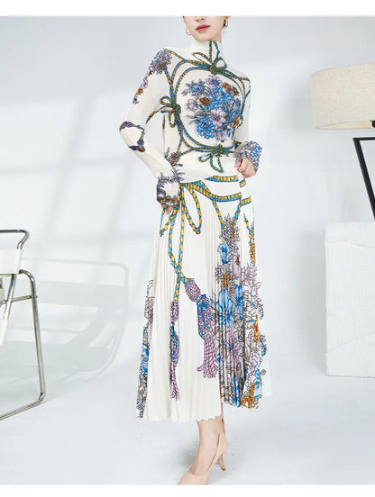 Pleated Retro Fashion Base Layer Top Set, Slimming and Elegant Printed Design with a Full-Length Skirt