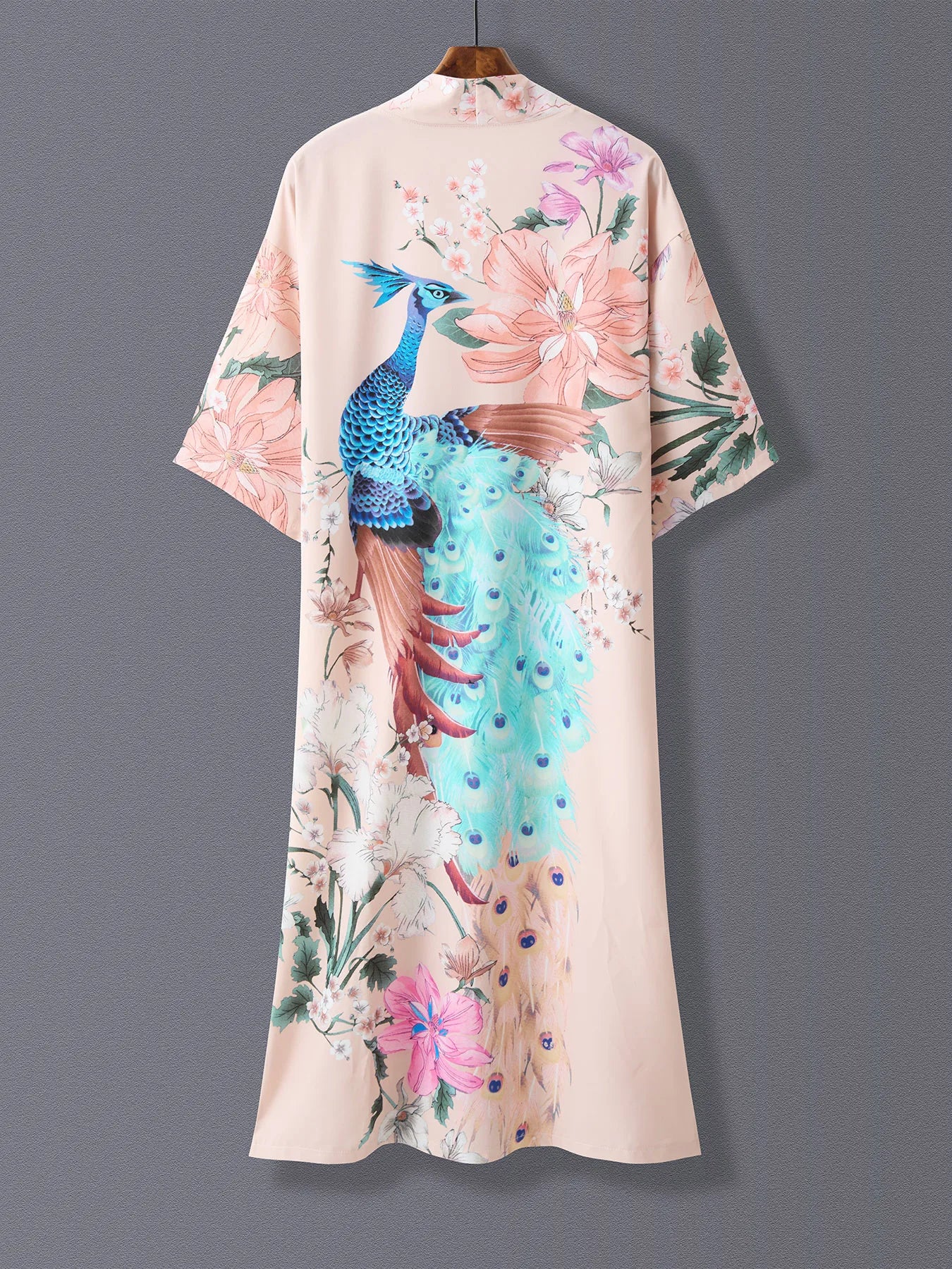 Europe and the United States Elegant Style Retro Peacock Flower Print in the Long Kimono Cardigan Thin Coat Women'S Spring Summe