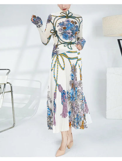 Pleated Retro Fashion Base Layer Top Set, Slimming and Elegant Printed Design with a Full-Length Skirt
