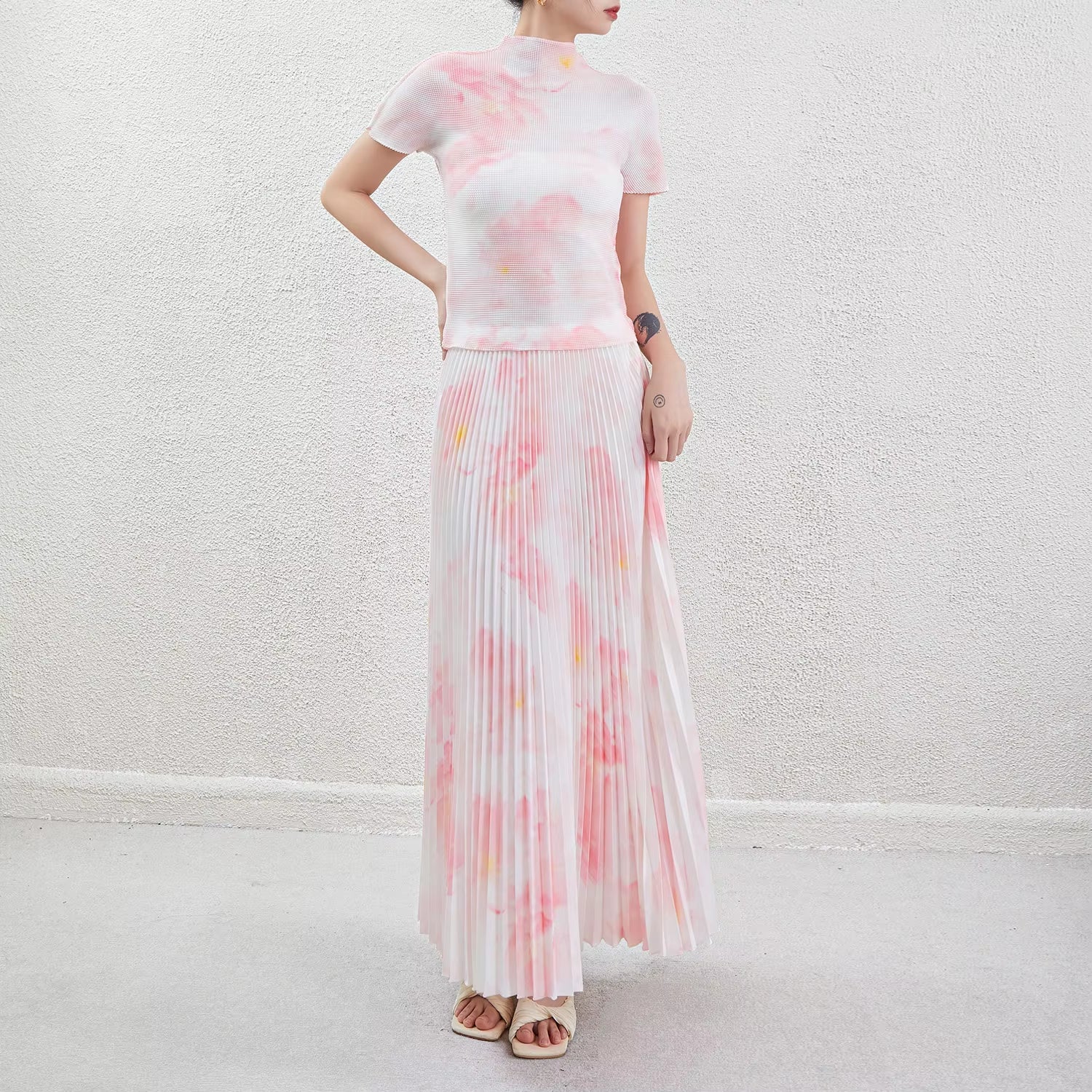 Summer Women'S Fashionable Printed Pleated Set Shirt Stretch Polyester Top Flower Printed Pleated Skirt Two-Piece Set