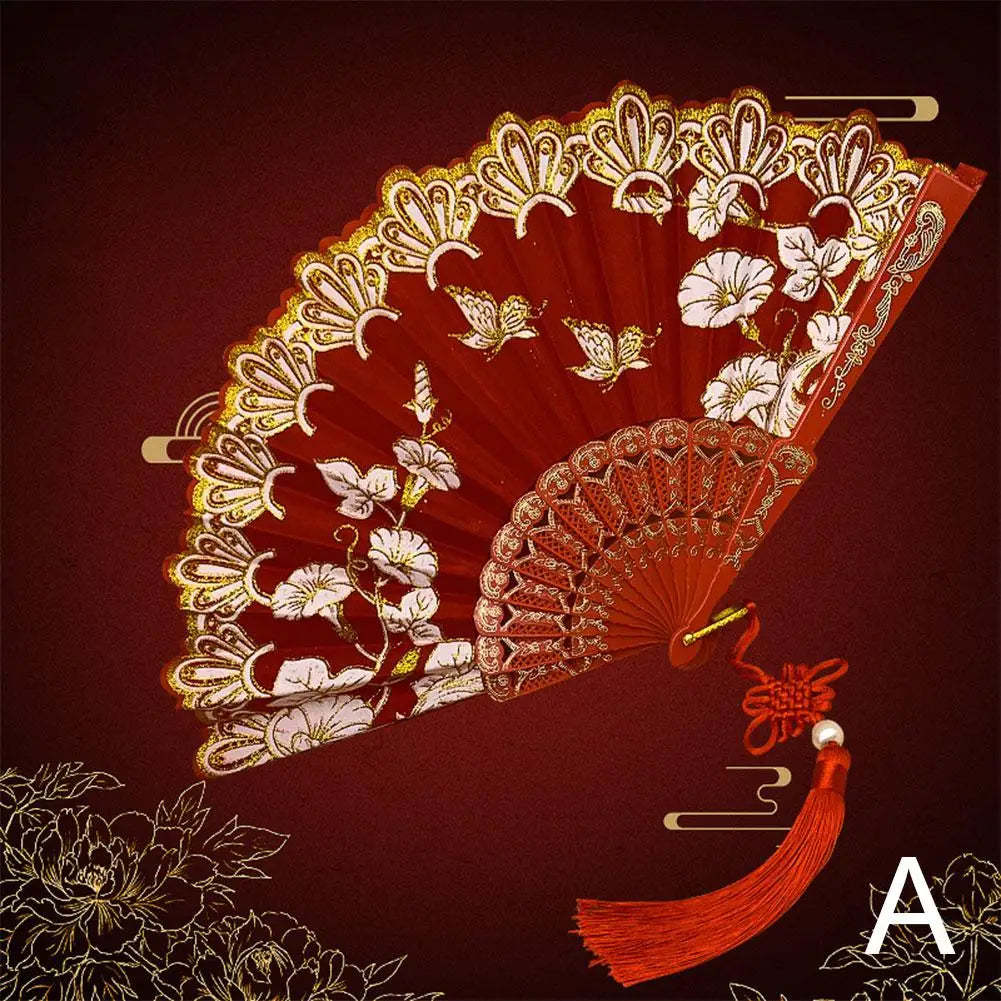 Chinese Luxury Gliding Folding Fan Wedding Bridal Fan Dance Performance Props Retro Floral Glitter Butterfly Fans Crafts