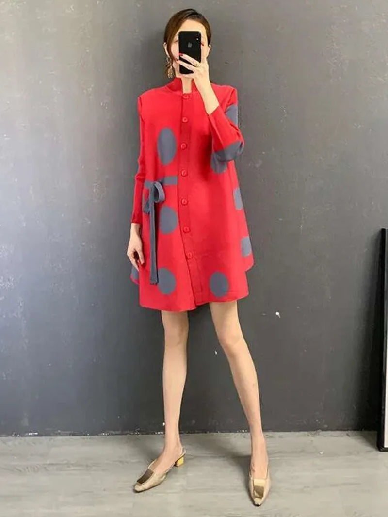 Stand Collar Pleated Dress 2025 Autumn Single Breasted Drawstring Dot Printing Festival Clothing Women Elegant 25D1062
