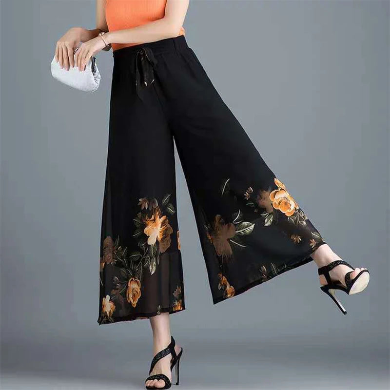 Floral Print Patchwork Chiffon Wide