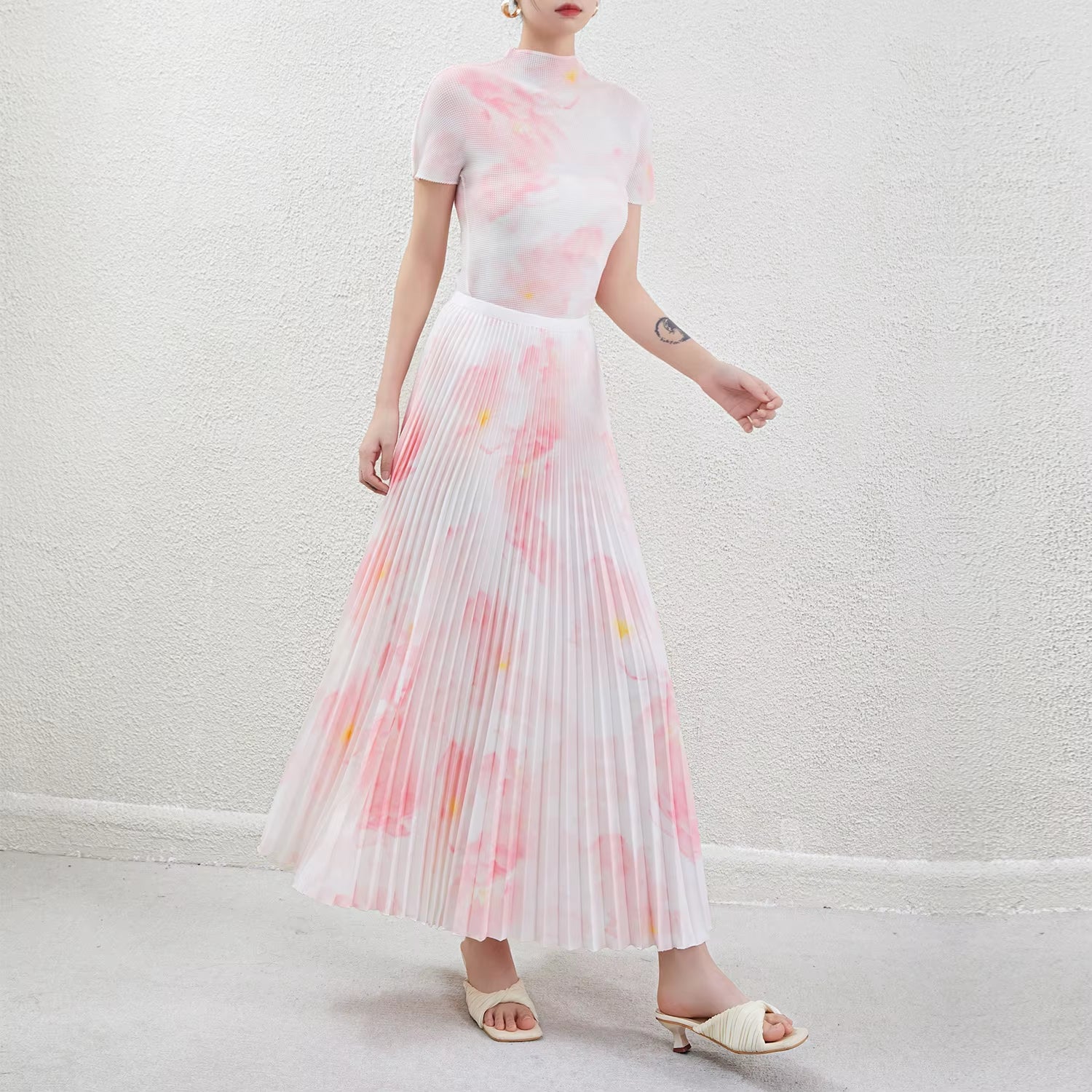 Summer Women'S Fashionable Printed Pleated Set Shirt Stretch Polyester Top Flower Printed Pleated Skirt Two-Piece Set