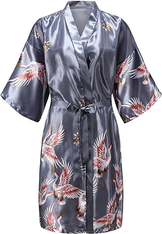 Silk Satin Wedding Bride Bridesmaid Robe Floral Bathrobe Short Kimono Robe Night Robe Bath Robe Fashion Dressing Gown for Women