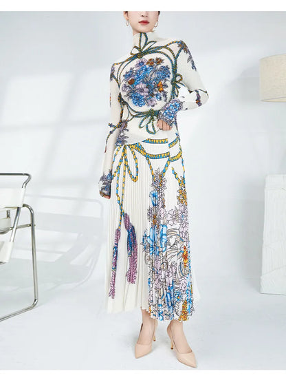 Pleated Retro Fashion Base Layer Top Set, Slimming and Elegant Printed Design with a Full-Length Skirt