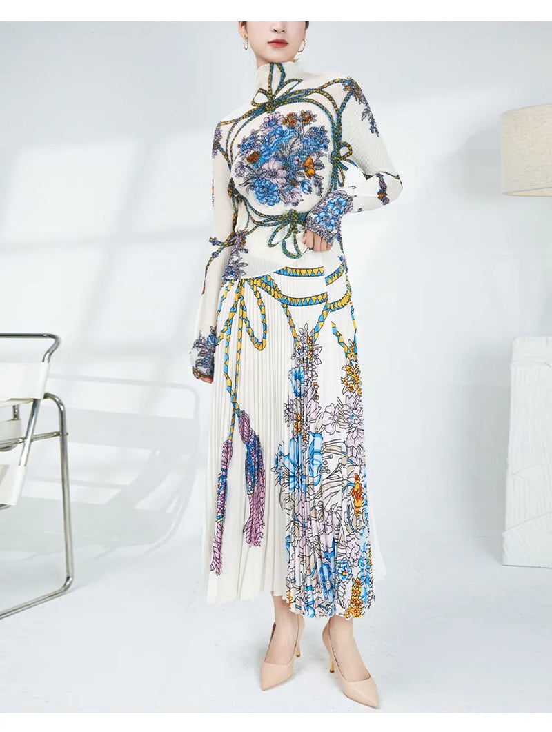 Pleated Retro Fashion Base Layer Top Set, Slimming and Elegant Printed Design with a Full-Length Skirt