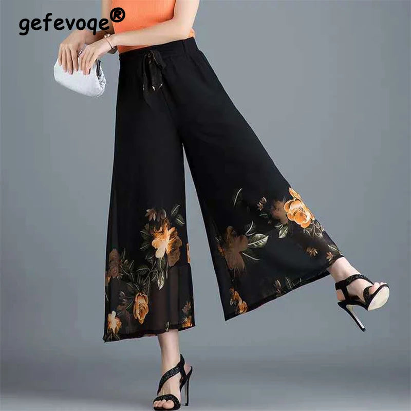 Floral Print Patchwork Chiffon Wide