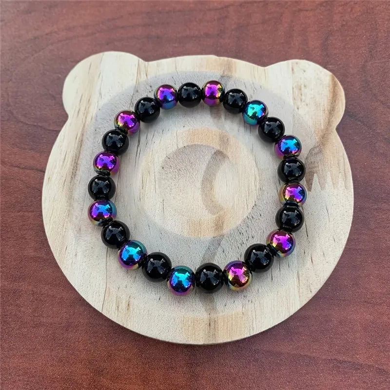 1Pc Bohemian Style 8Mm Rainbow Obsidian Agate Bracelet - Unisex Handmade Jewelry, Suitable for Daily Wear, Party, and Gifts