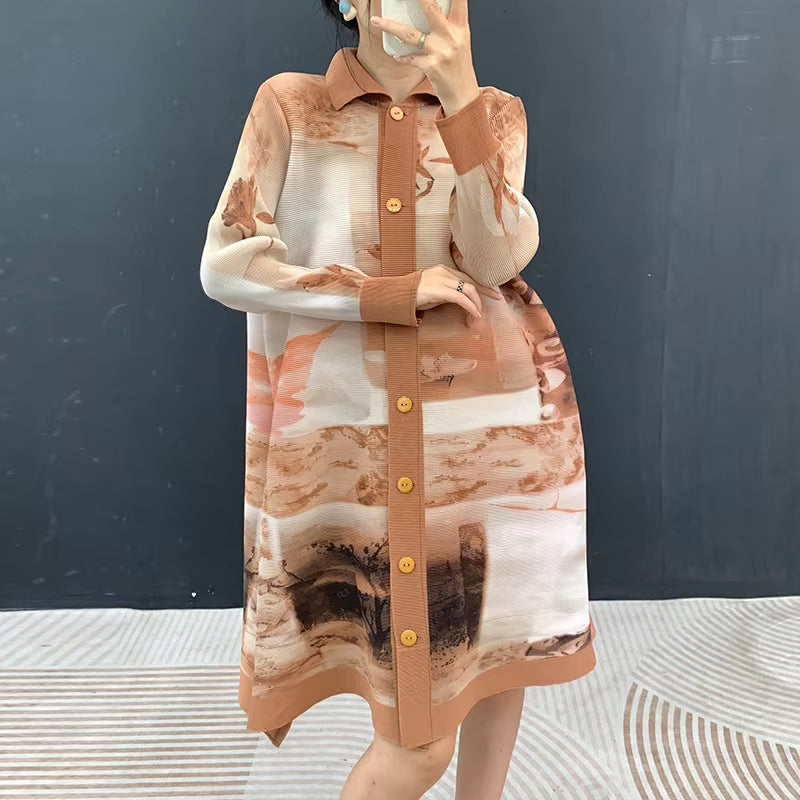 Wholesale Trendy Print Button down Shirt Style Knee Length High Density Fabric Women Plisse Gown Dress